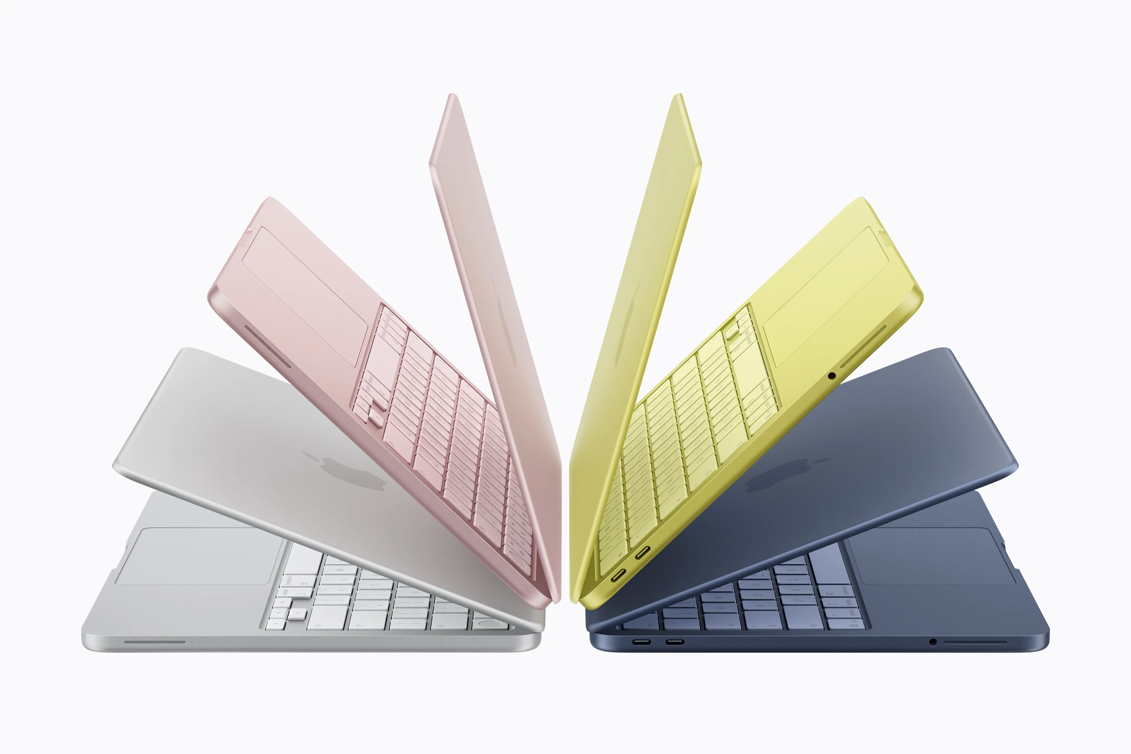 MacBook Neo ve čtyřech barvách – ruměná, indigo, stříbrná, citrusově žlutá